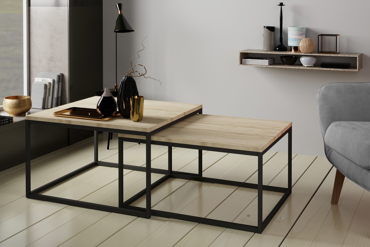 Masuta de cafea ELTAP, Clar, 75x75x42 cm/65x65x36 cm, metal/PAL, natural/negru - imagine 4